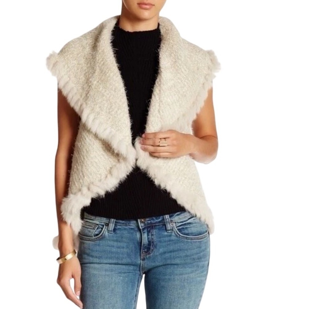 Love Token Women's Ivory‎ Combo 100% Rabbit Fur Trim Vest Cardigan Size Small